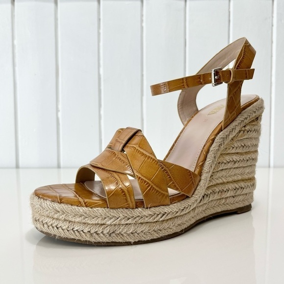 Zara Mustard Animal Print Embossed Espadrille Wedge Sandals Size 8 - Picture 3 of 13